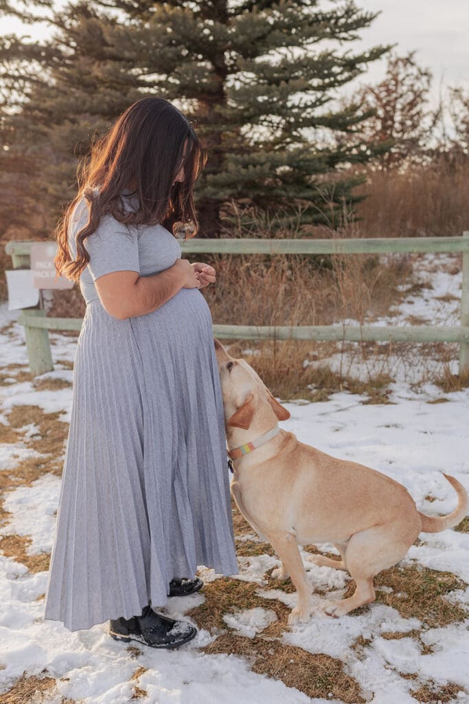 Outdoor maternity photo with dog, captured in natural setting near Bulverde, Texas