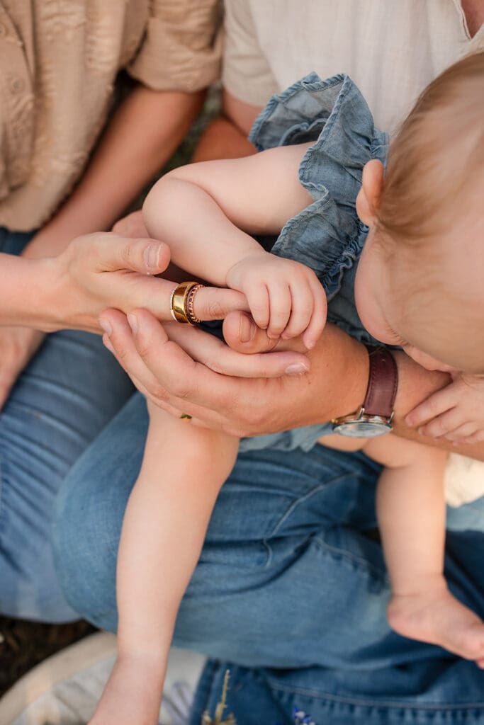 Tender family hug during a warm spring evening photo shoot

